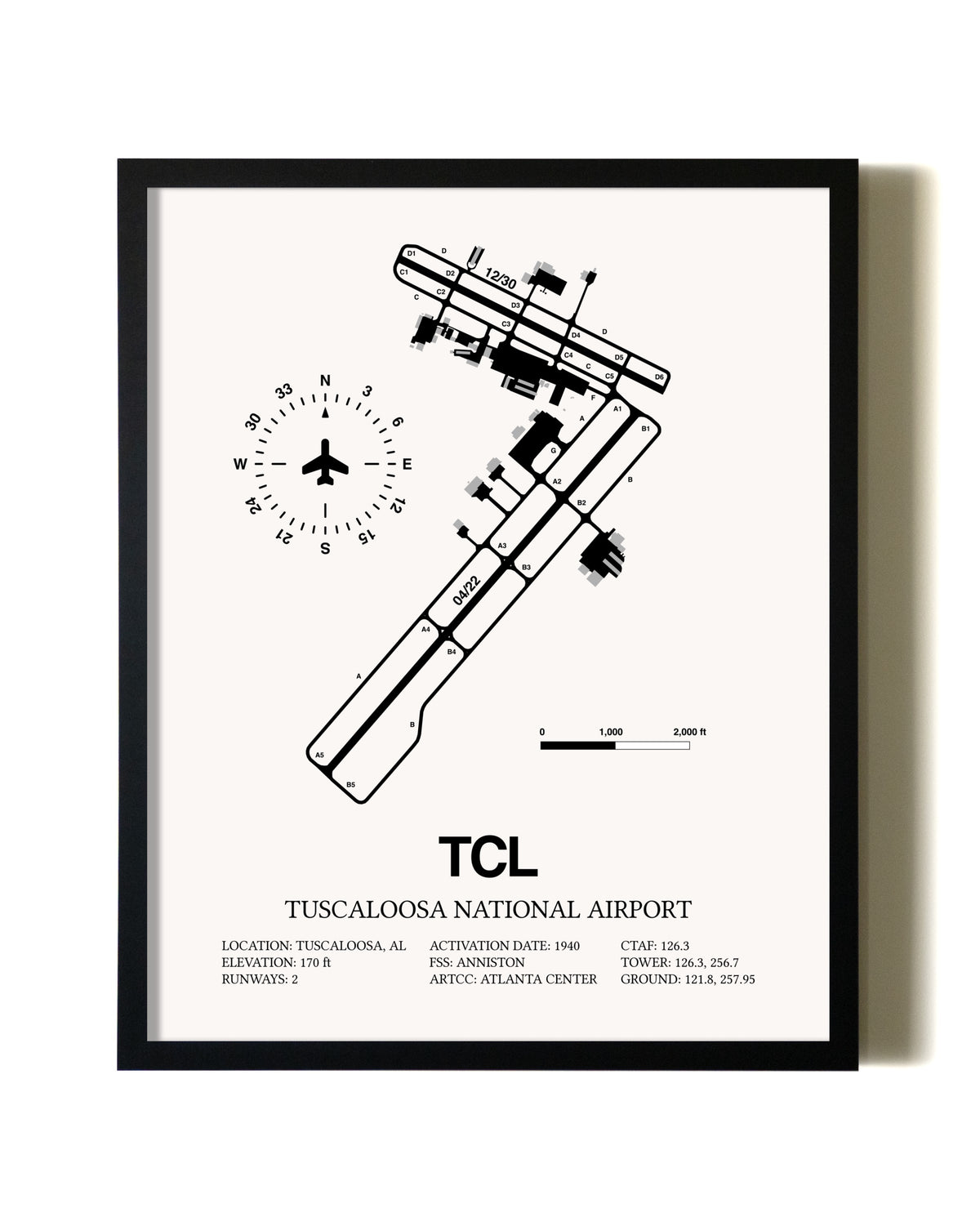 Framed Tuscaloosa National Airport wall art poster in black frame