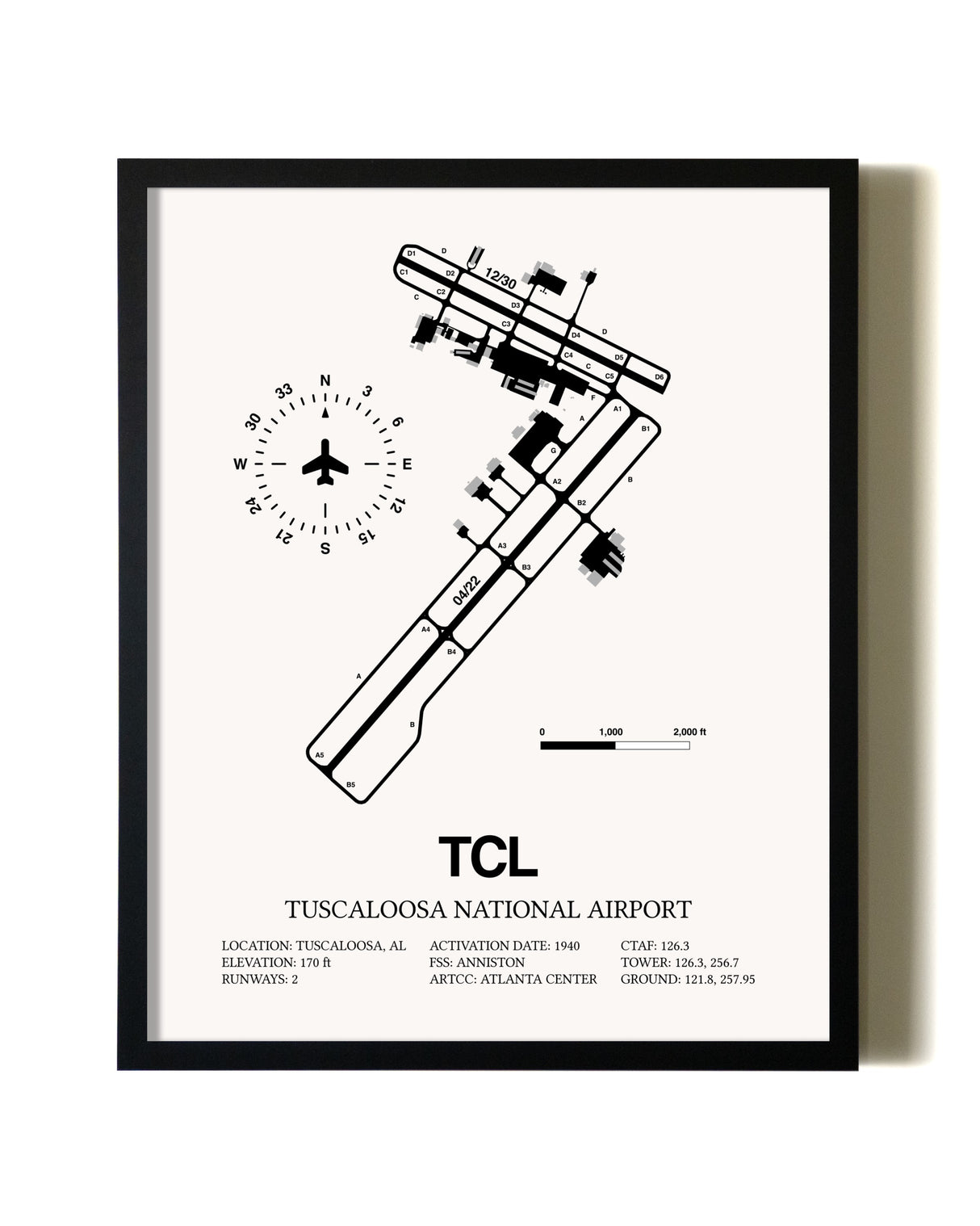 Framed Tuscaloosa National Airport wall art poster in black frame
