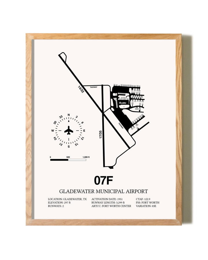 Gladewater Municipal Airport framed print in natural wood frame