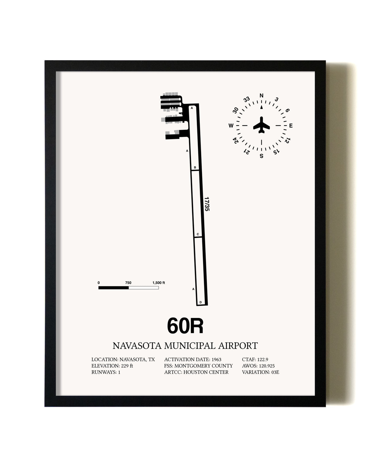 Framed Navasota Municipal Airport wall art poster in black frame