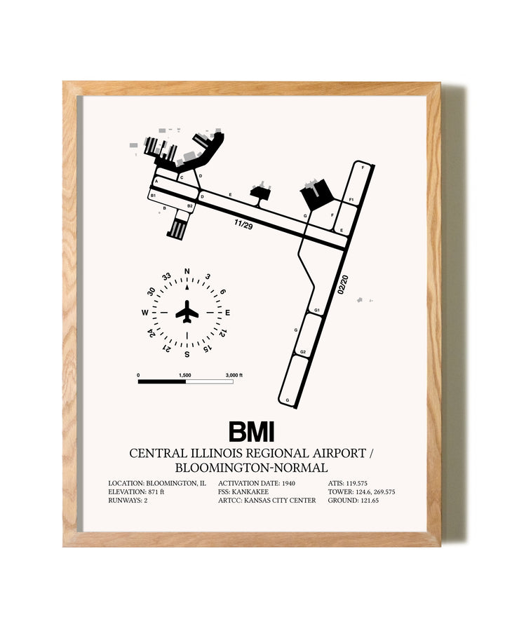Central Illinois Regional Airport / Bloomington-Normal framed print in natural wood frame