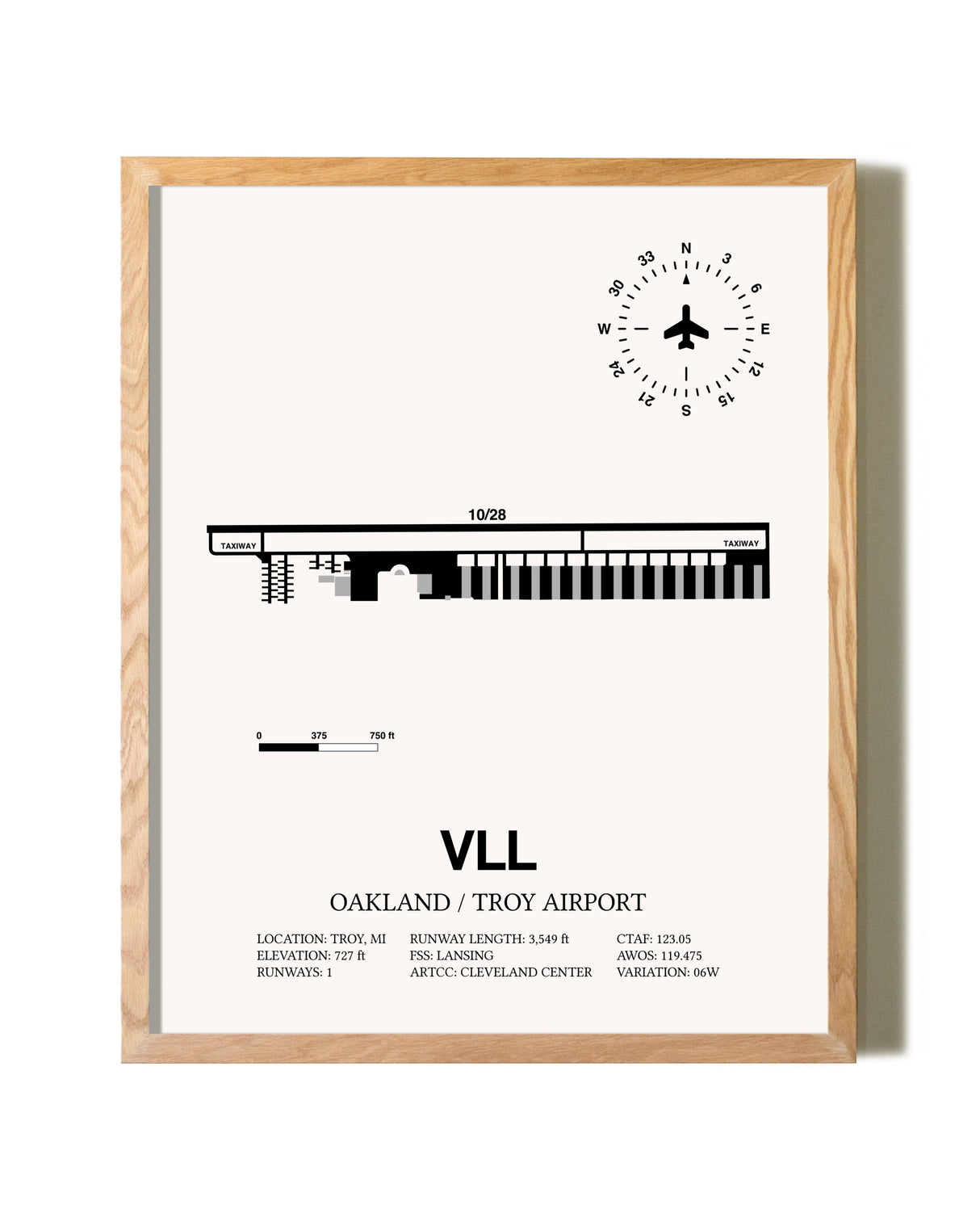 Oakland / Troy Airport framed print in natural wood frame