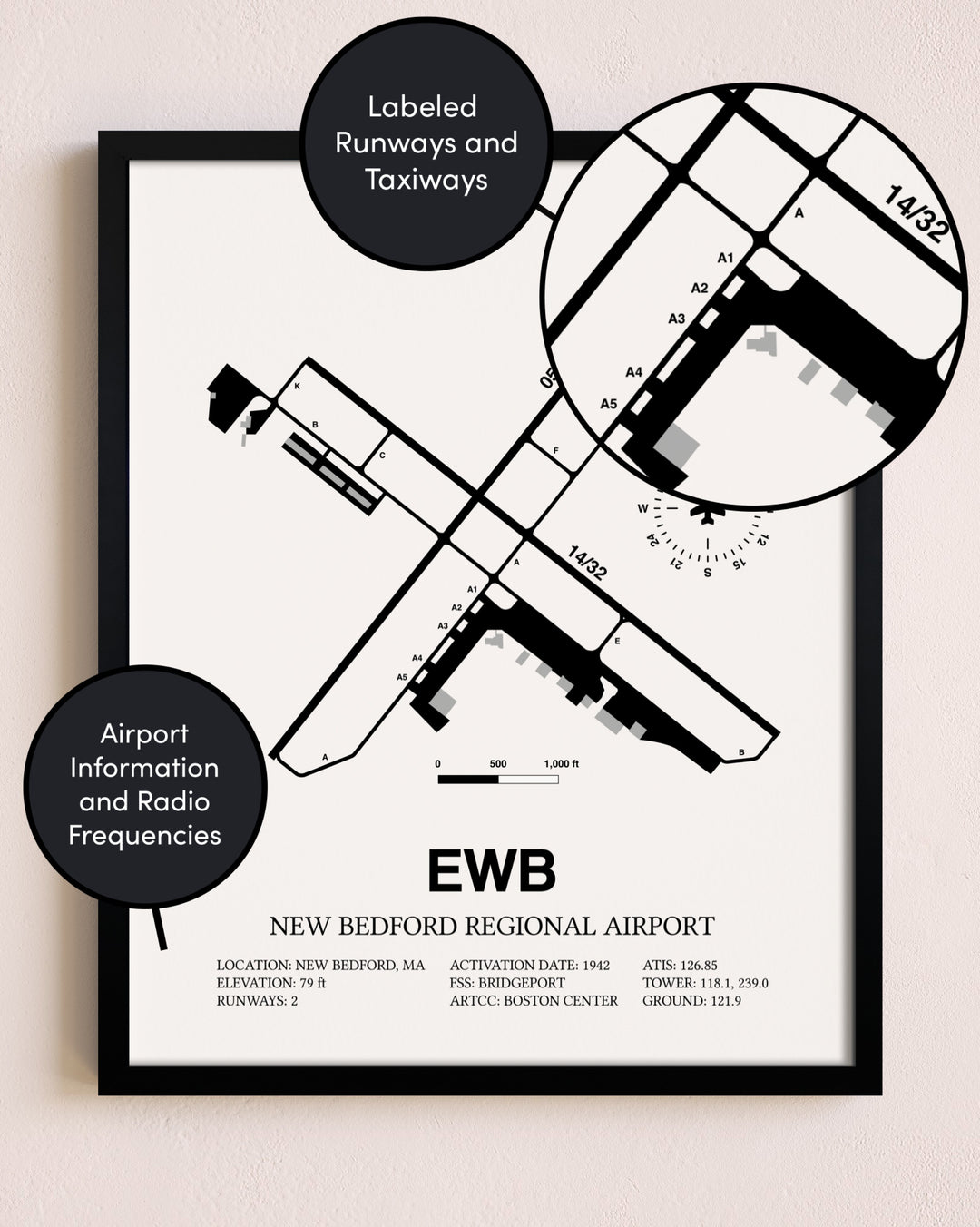 Framed New Bedford Regional Airport layout wall art poster
