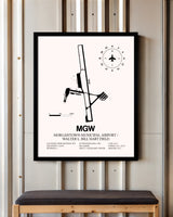Morgantown Municipal Airport / Walter L. Bill Hart Field framed poster displayed in an airplane hangar