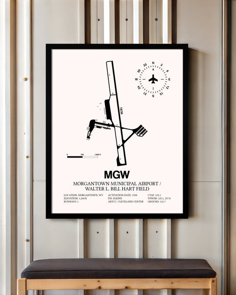 Morgantown Municipal Airport / Walter L. Bill Hart Field framed poster displayed in an airplane hangar