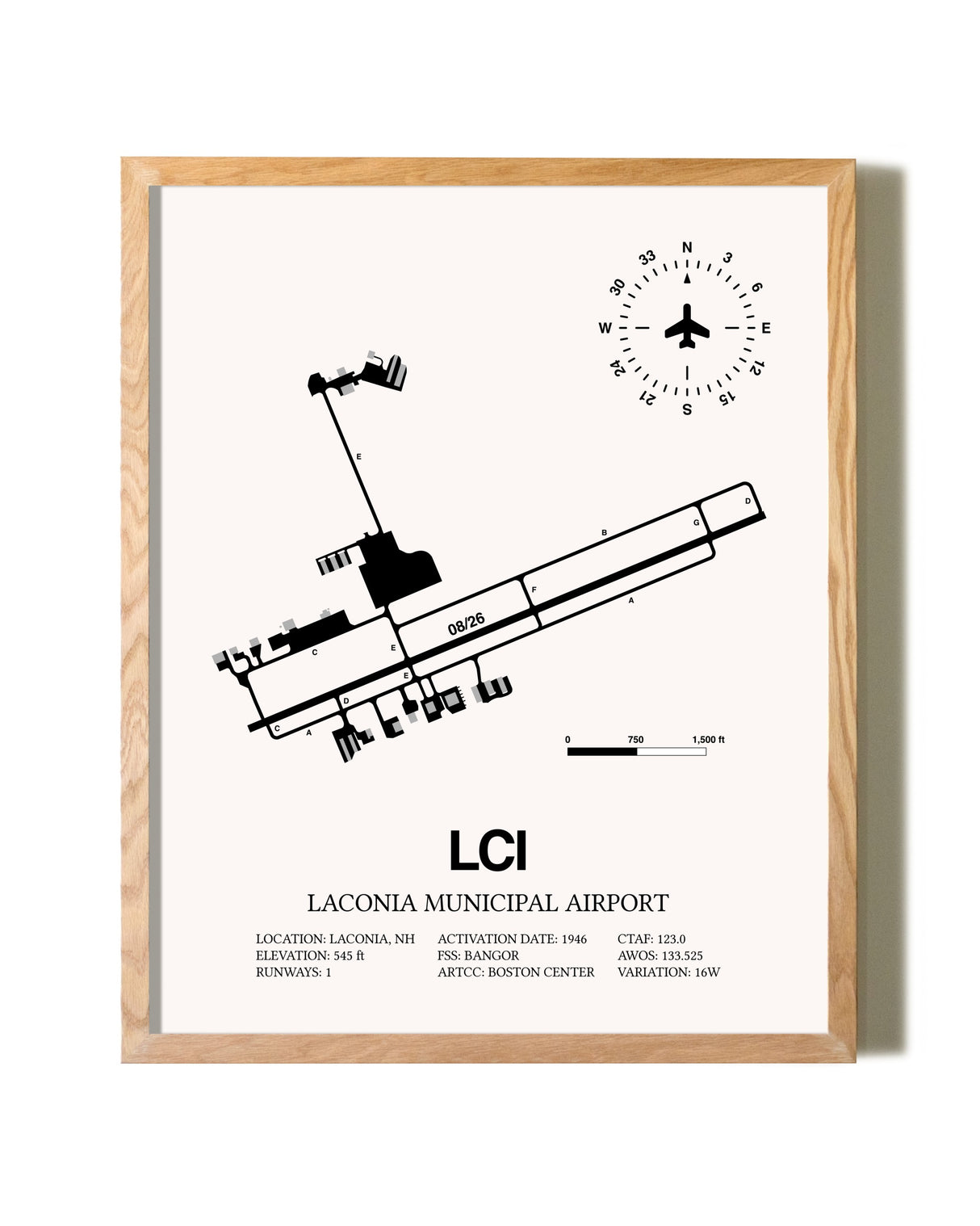 Laconia Municipal Airport framed print in natural wood frame