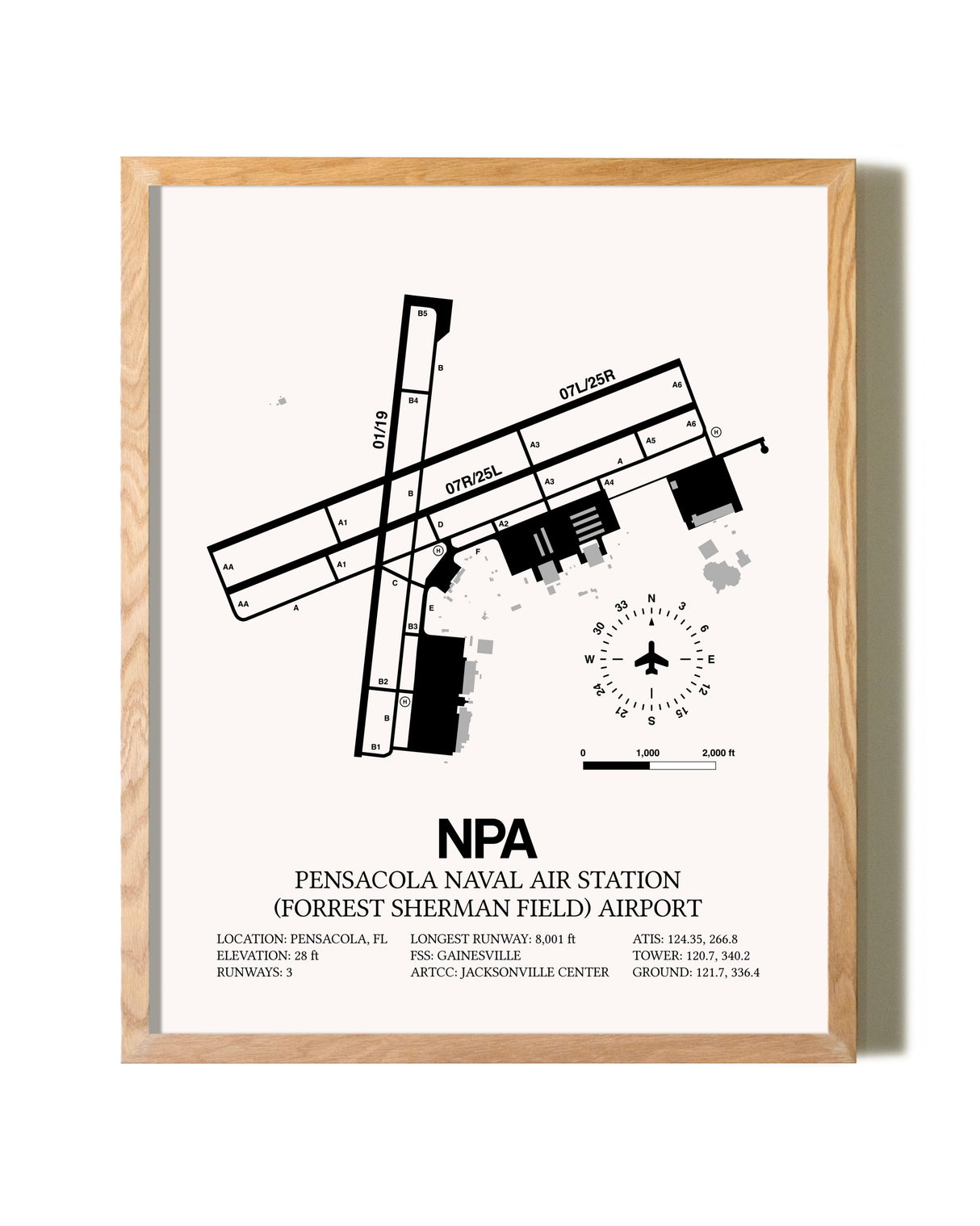 Pensacola Naval Air Station (Forrest Sherman Field) Airport framed print in natural wood frame