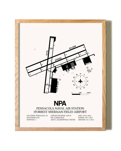 Pensacola Naval Air Station (Forrest Sherman Field) Airport framed print in natural wood frame