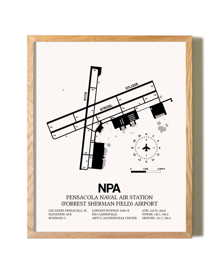 Pensacola Naval Air Station (Forrest Sherman Field) Airport framed print in natural wood frame