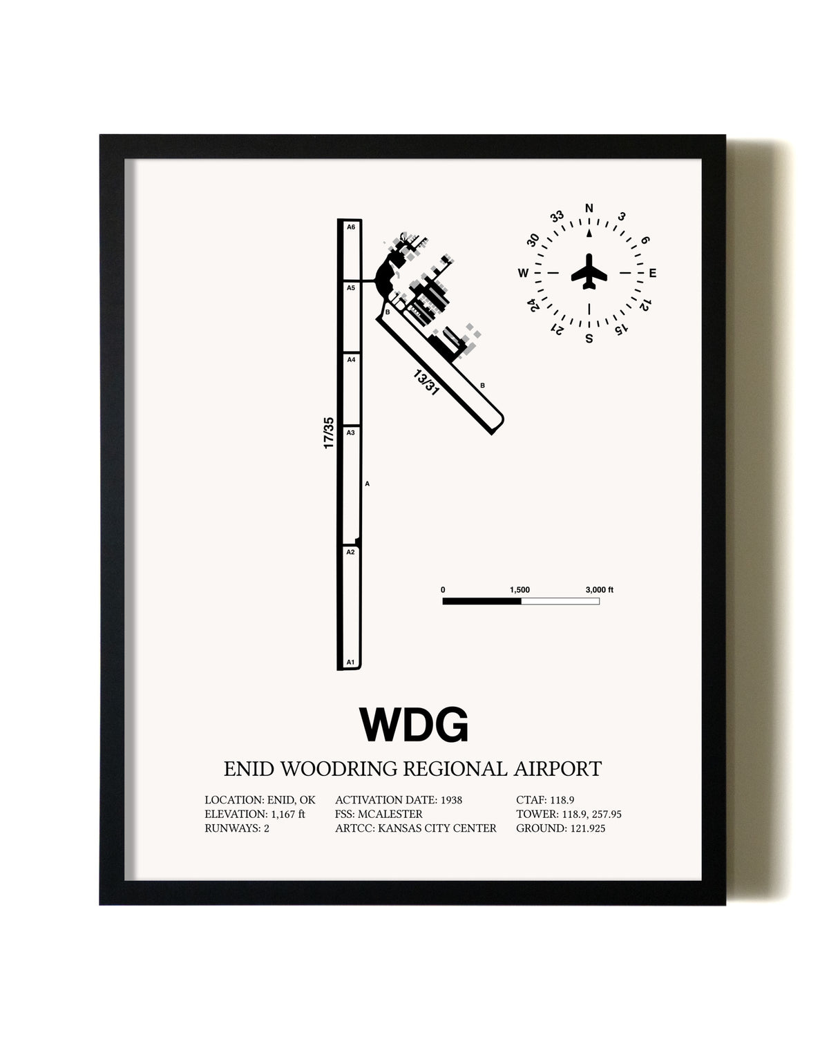 Framed Enid Woodring Regional Airport wall art poster in black frame
