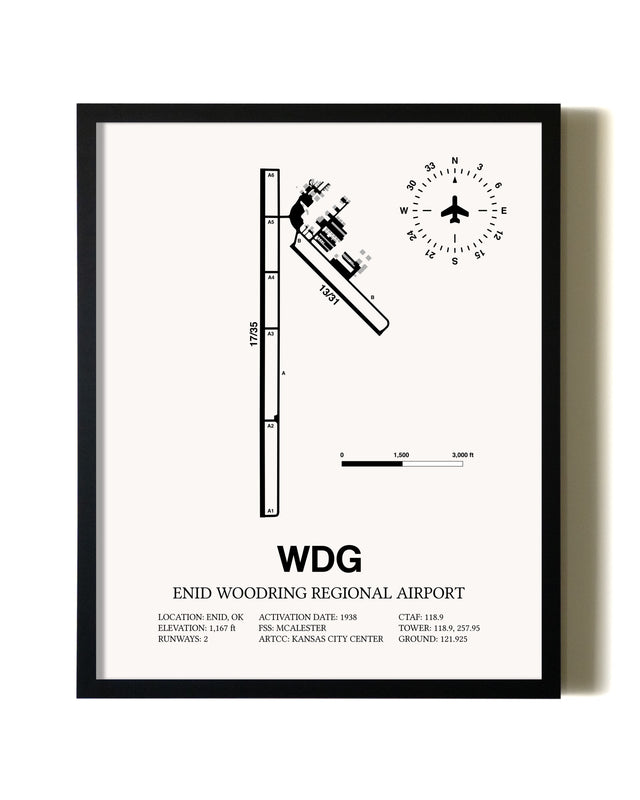 Framed Enid Woodring Regional Airport wall art poster in black frame