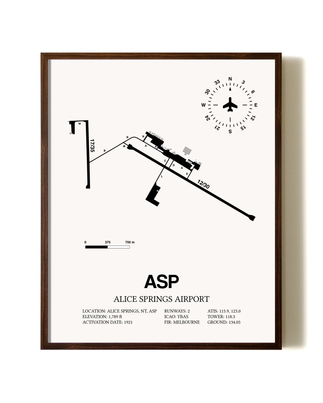 Alice Springs Airport aviation print in walnut frame