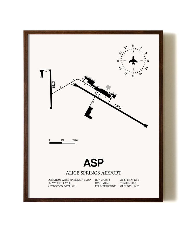 Alice Springs Airport aviation print in walnut frame
