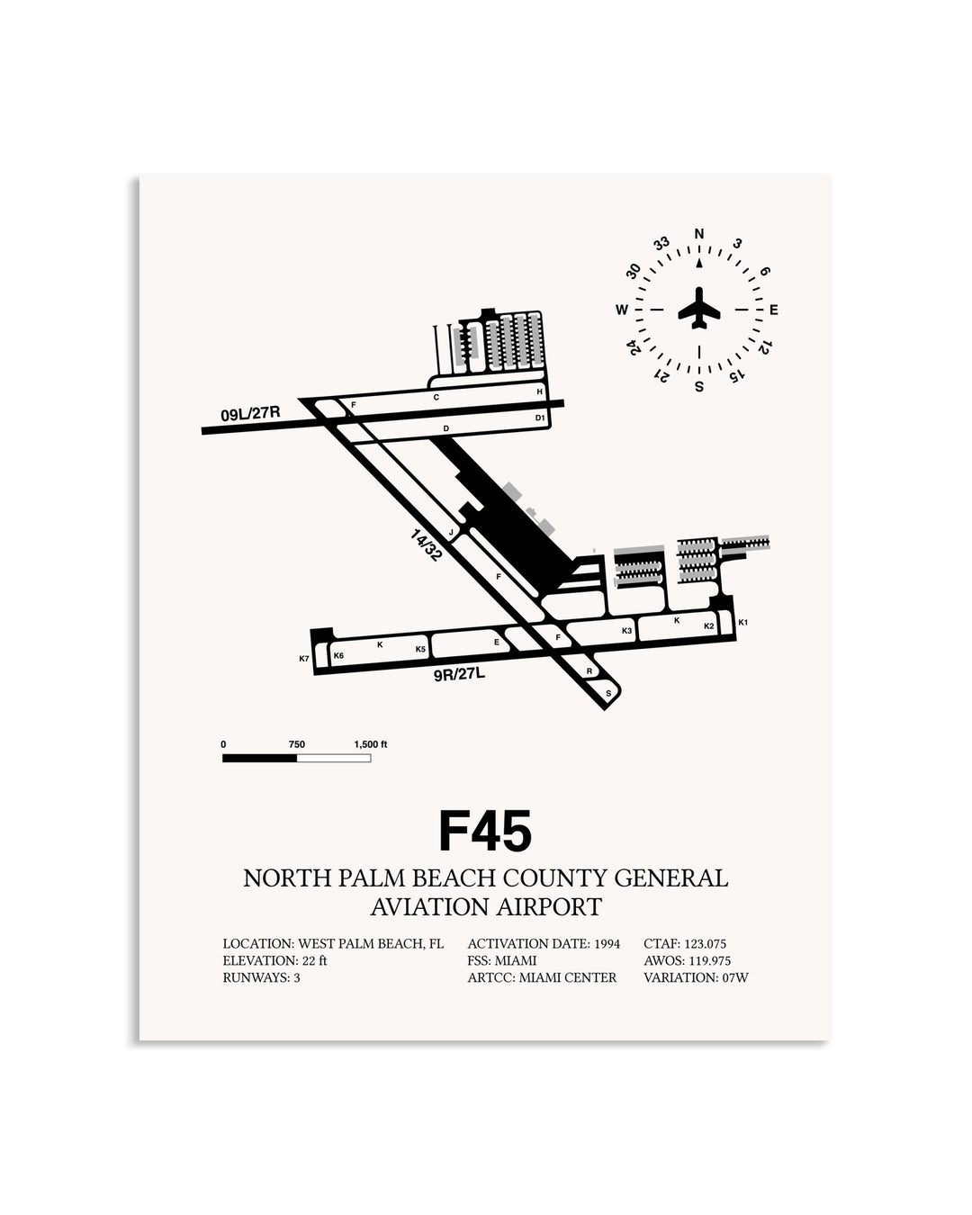 Gray North Palm Beach County General Aviation Airport framed poster displayed in an airplane hangar