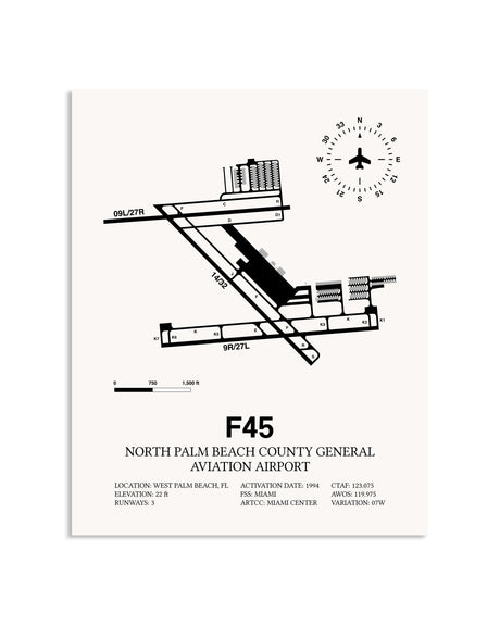 Gray North Palm Beach County General Aviation Airport framed poster displayed in an airplane hangar
