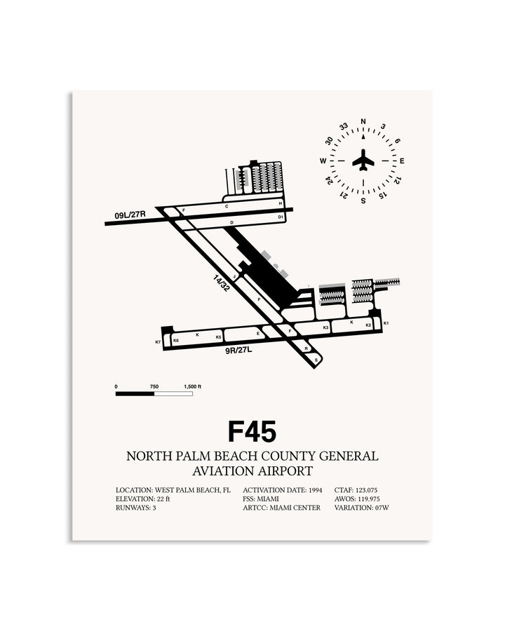 Gray North Palm Beach County General Aviation Airport framed poster displayed in an airplane hangar