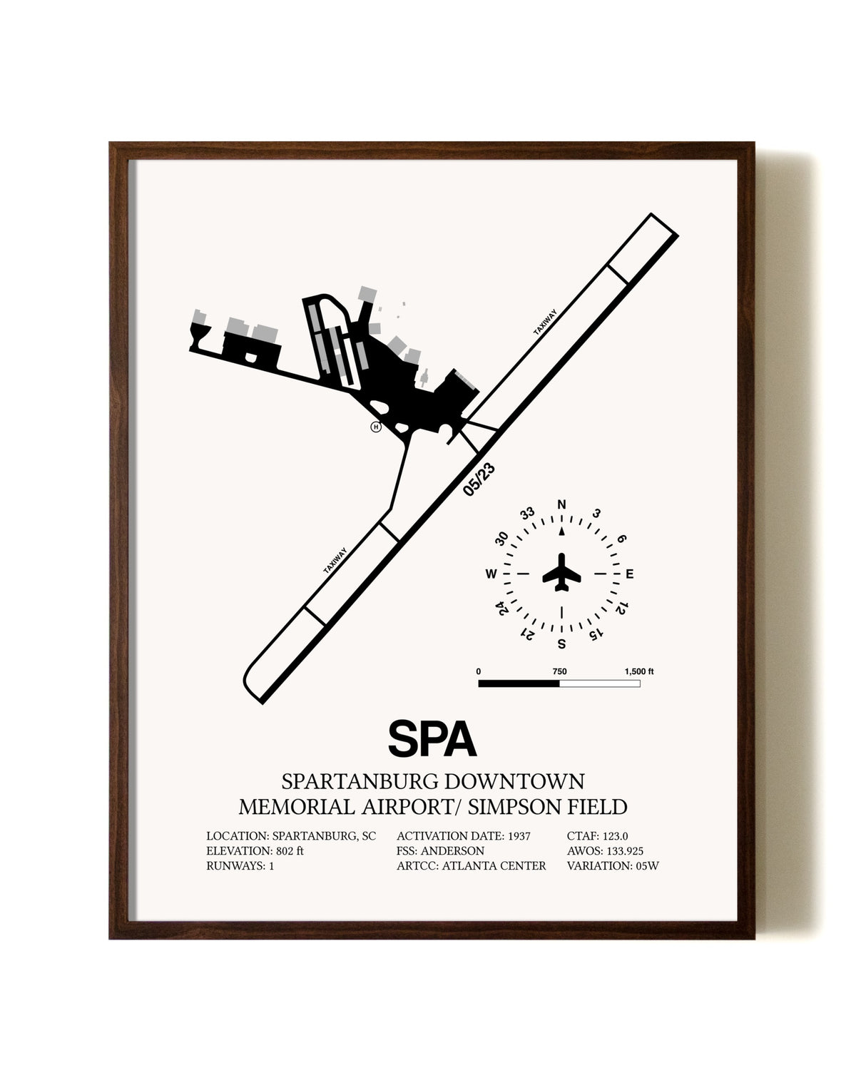 Spartanburg Downtown Memorial Airport / Simpson Field aviation print in walnut frame