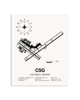 Gray Columbus Airport framed poster displayed in an airplane hangar