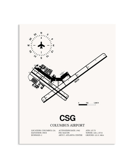 Gray Columbus Airport framed poster displayed in an airplane hangar