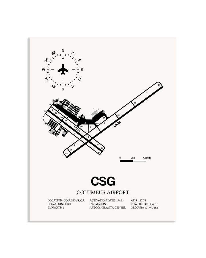 Gray Columbus Airport framed poster displayed in an airplane hangar