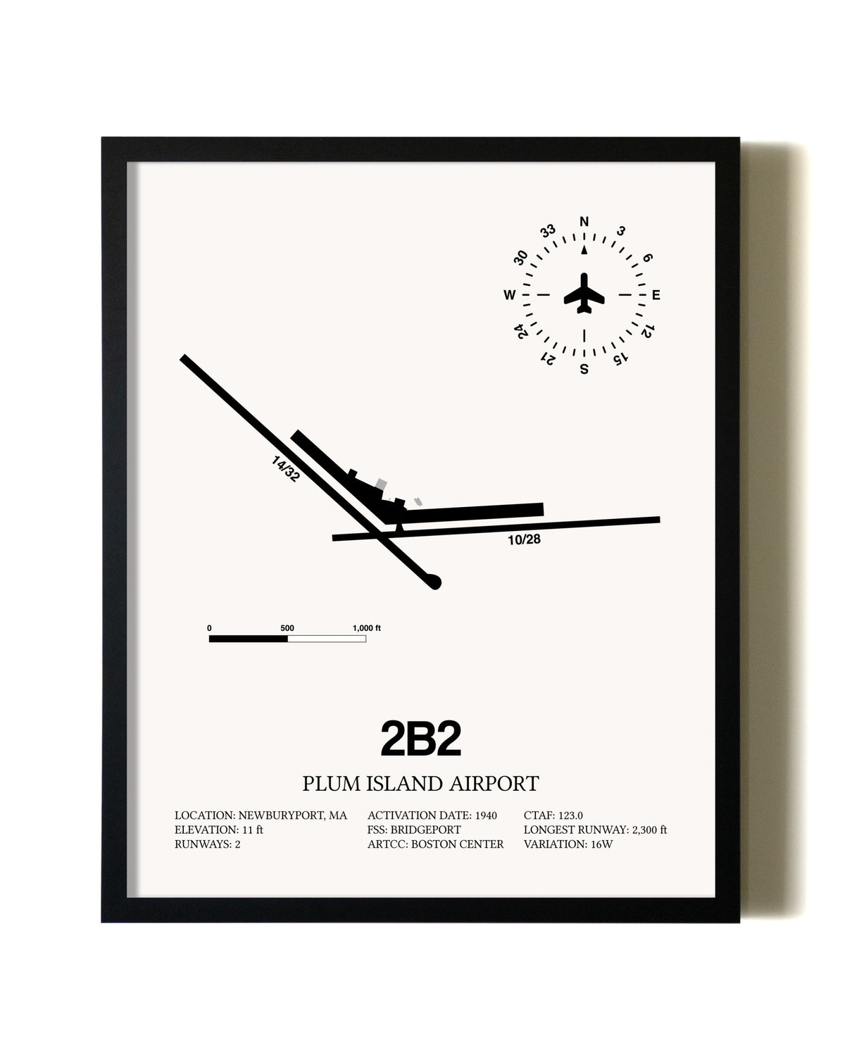 Framed Plum Island Airport wall art poster in black frame