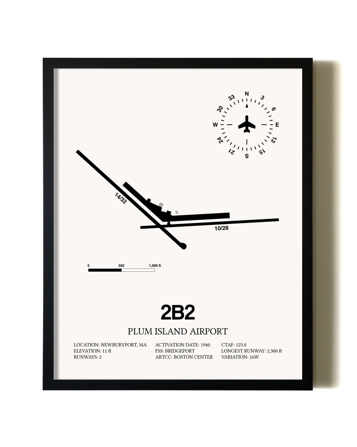 Framed Plum Island Airport wall art poster in black frame