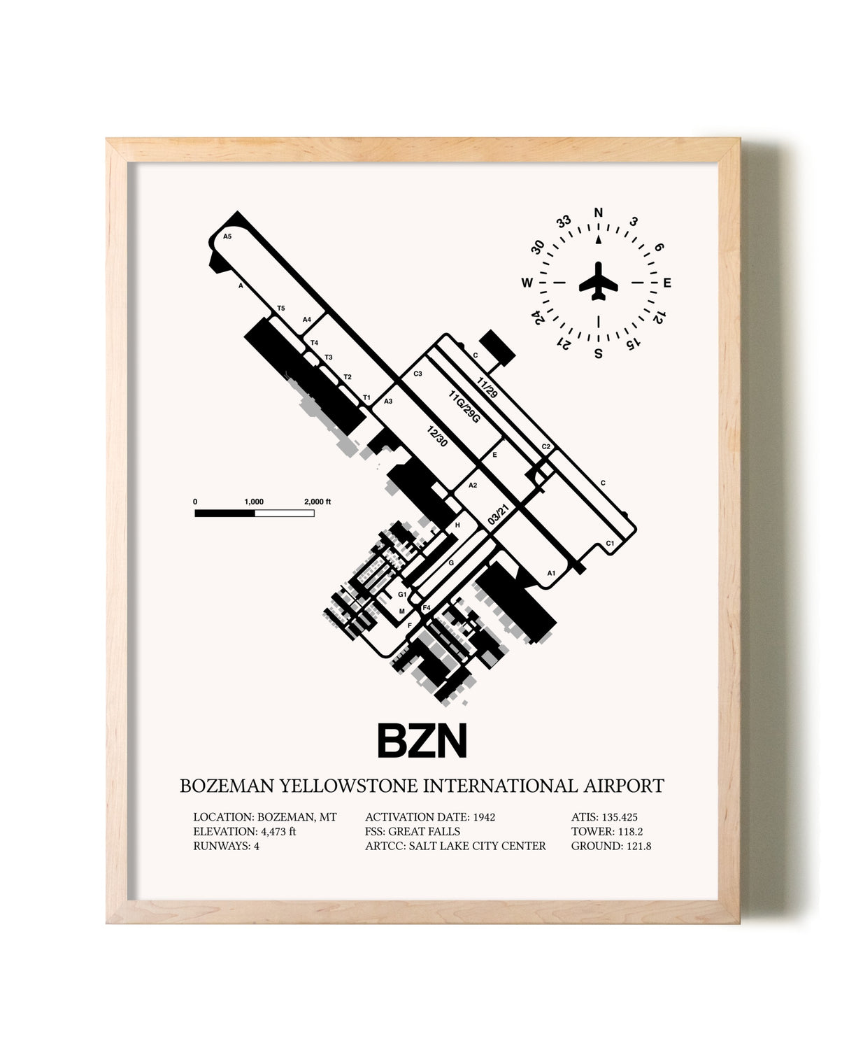 Bozeman Yellowstone International Airport framed wall art in white frame