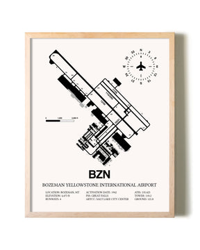 Bozeman Yellowstone International Airport framed wall art in white frame