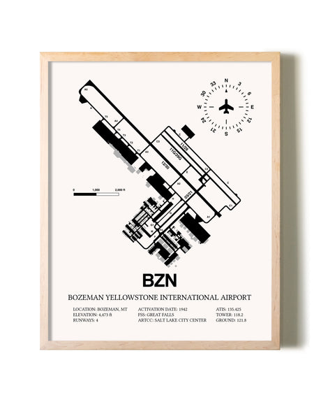 Bozeman Yellowstone International Airport framed wall art in white frame