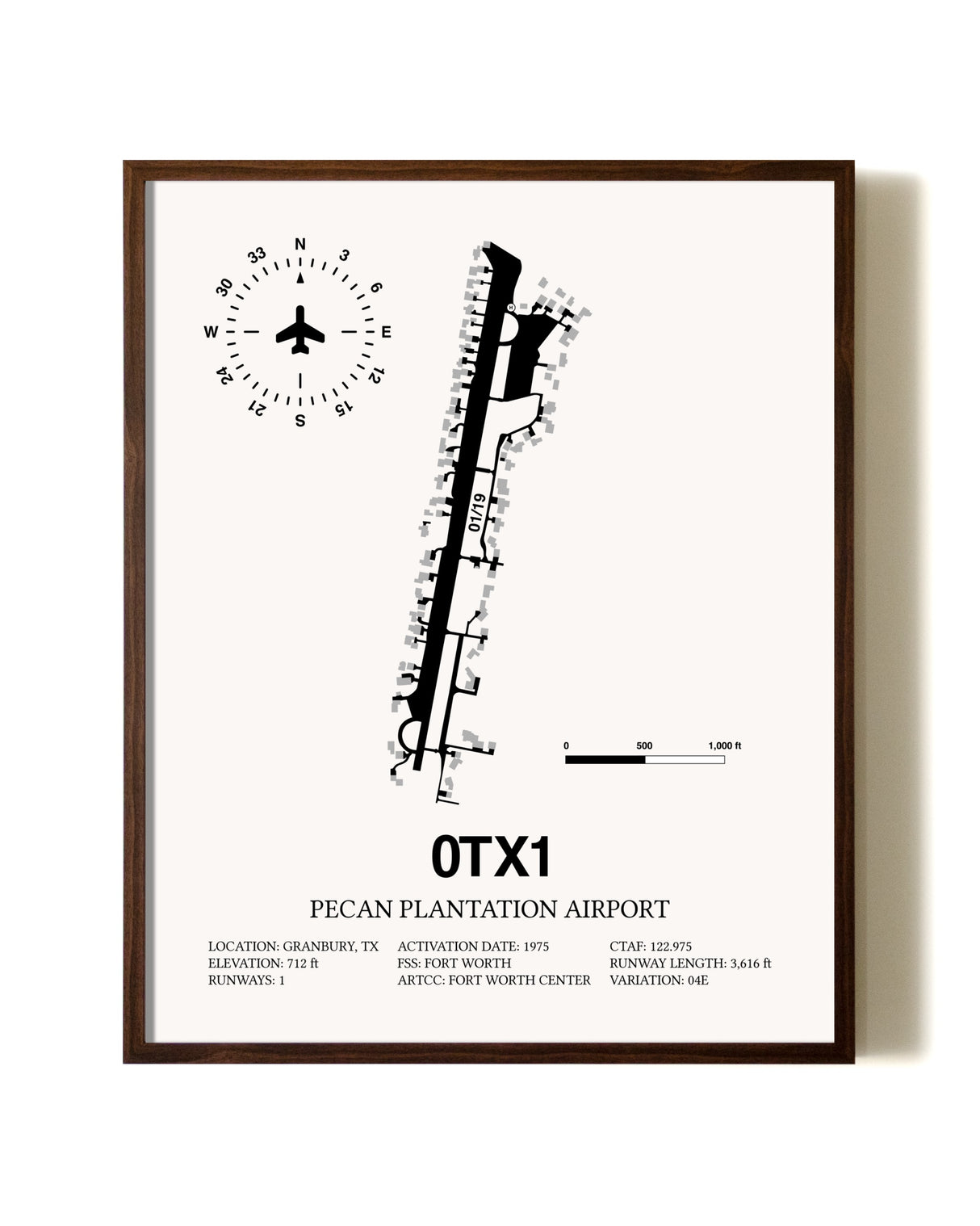 Pecan Plantation Airport aviation print in walnut frame