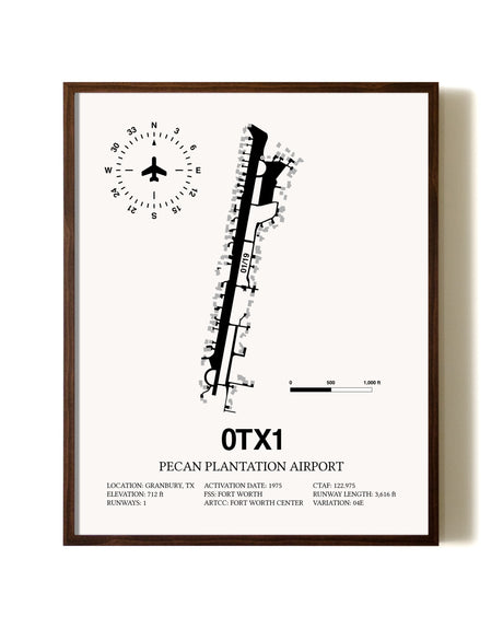 Pecan Plantation Airport aviation print in walnut frame