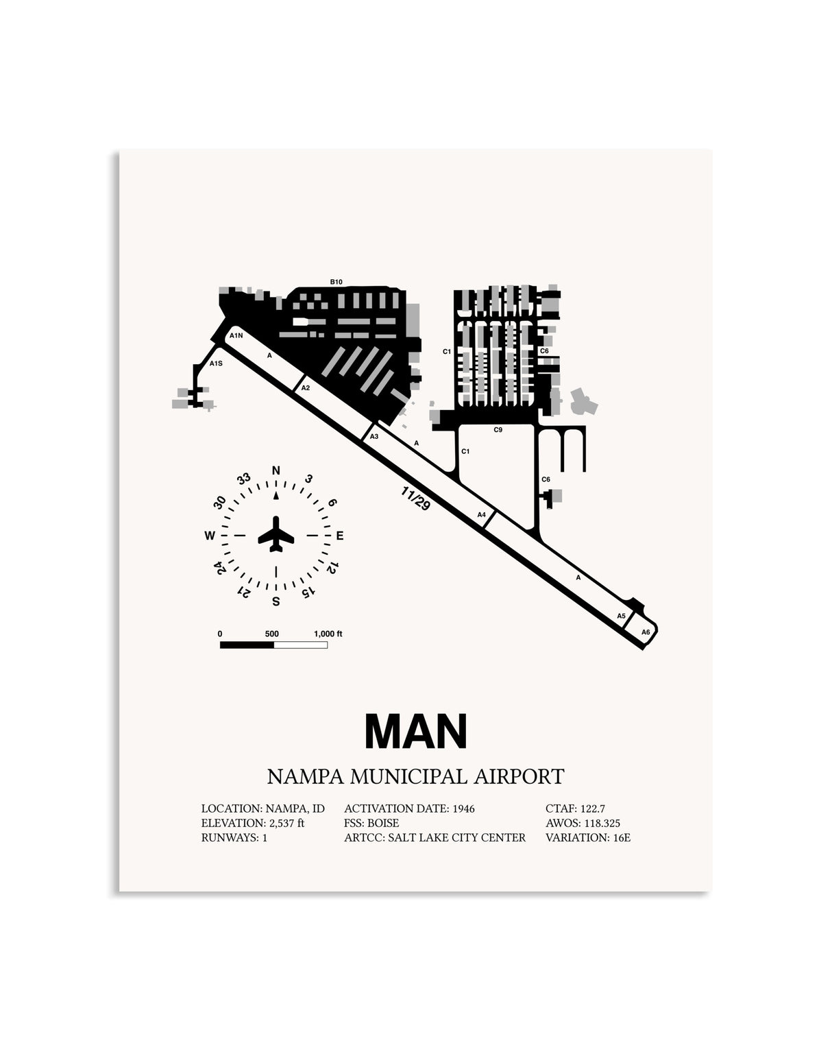 Gray Nampa Municipal Airport framed poster displayed in an airplane hangar