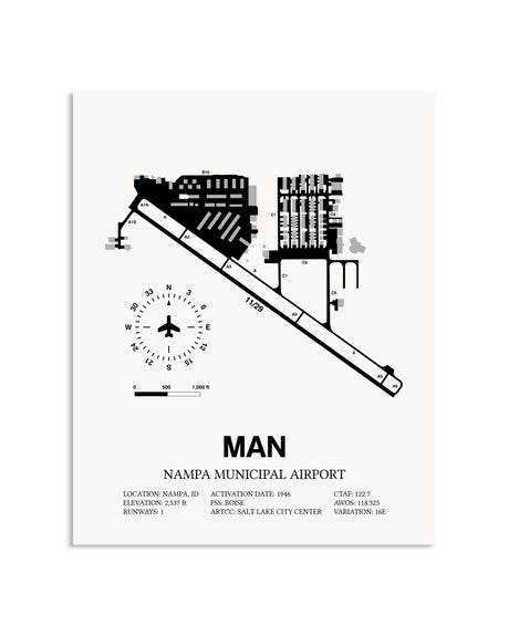 Gray Nampa Municipal Airport framed poster displayed in an airplane hangar