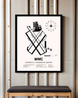 Lawrence J. Timmerman Airport framed poster displayed in an airplane hangar