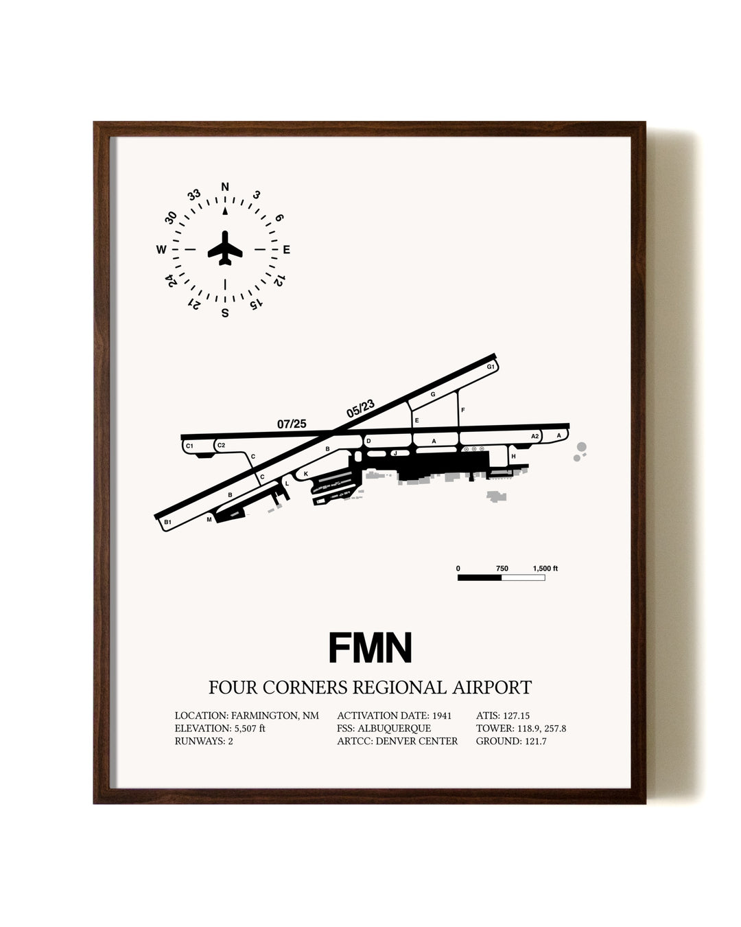 Four Corners Regional Airport aviation print in walnut frame