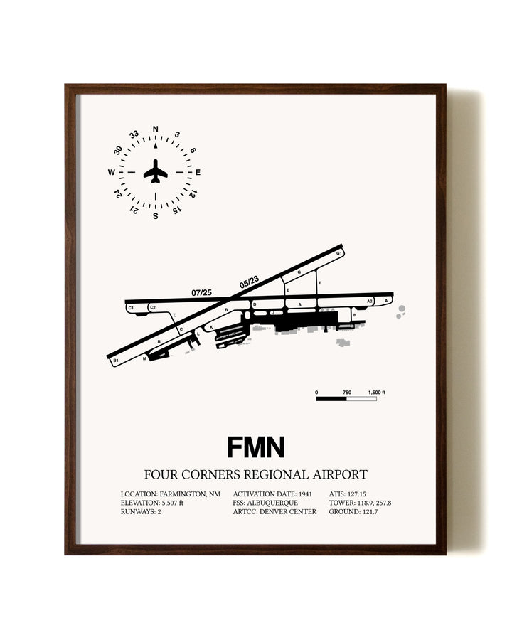 Four Corners Regional Airport aviation print in walnut frame