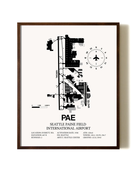 Seattle Paine Field International Airport aviation print in walnut frame