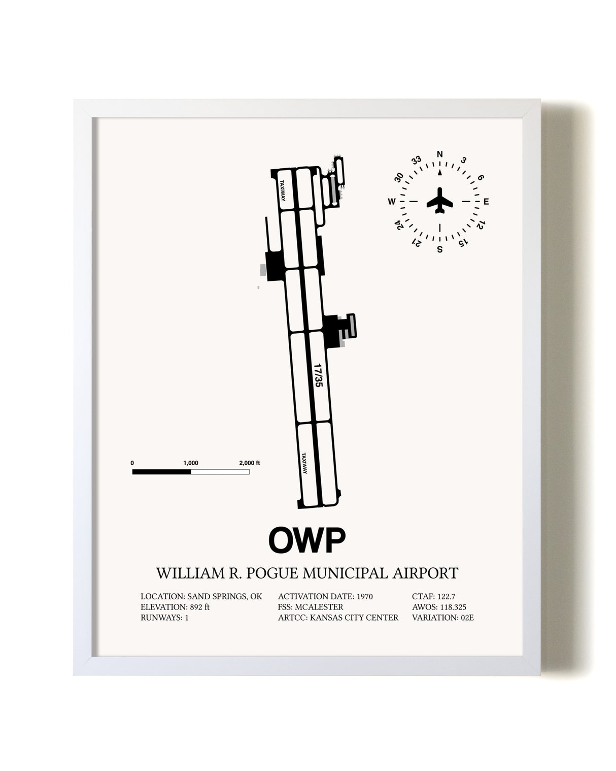 William R. Pogue Municipal Airport airport map poster in oak frame