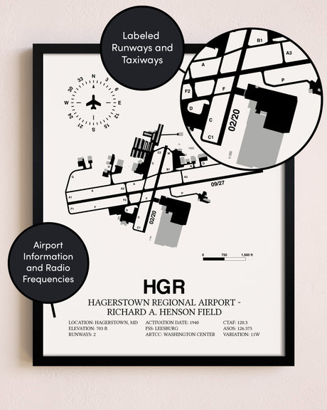 Framed Hagerstown Regional Airport-Richard A. Henson Field layout wall art poster