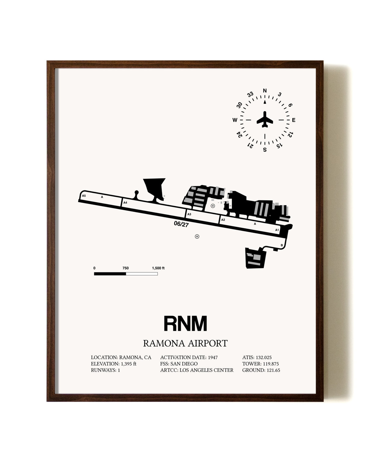 Ramona Airport aviation print in walnut frame