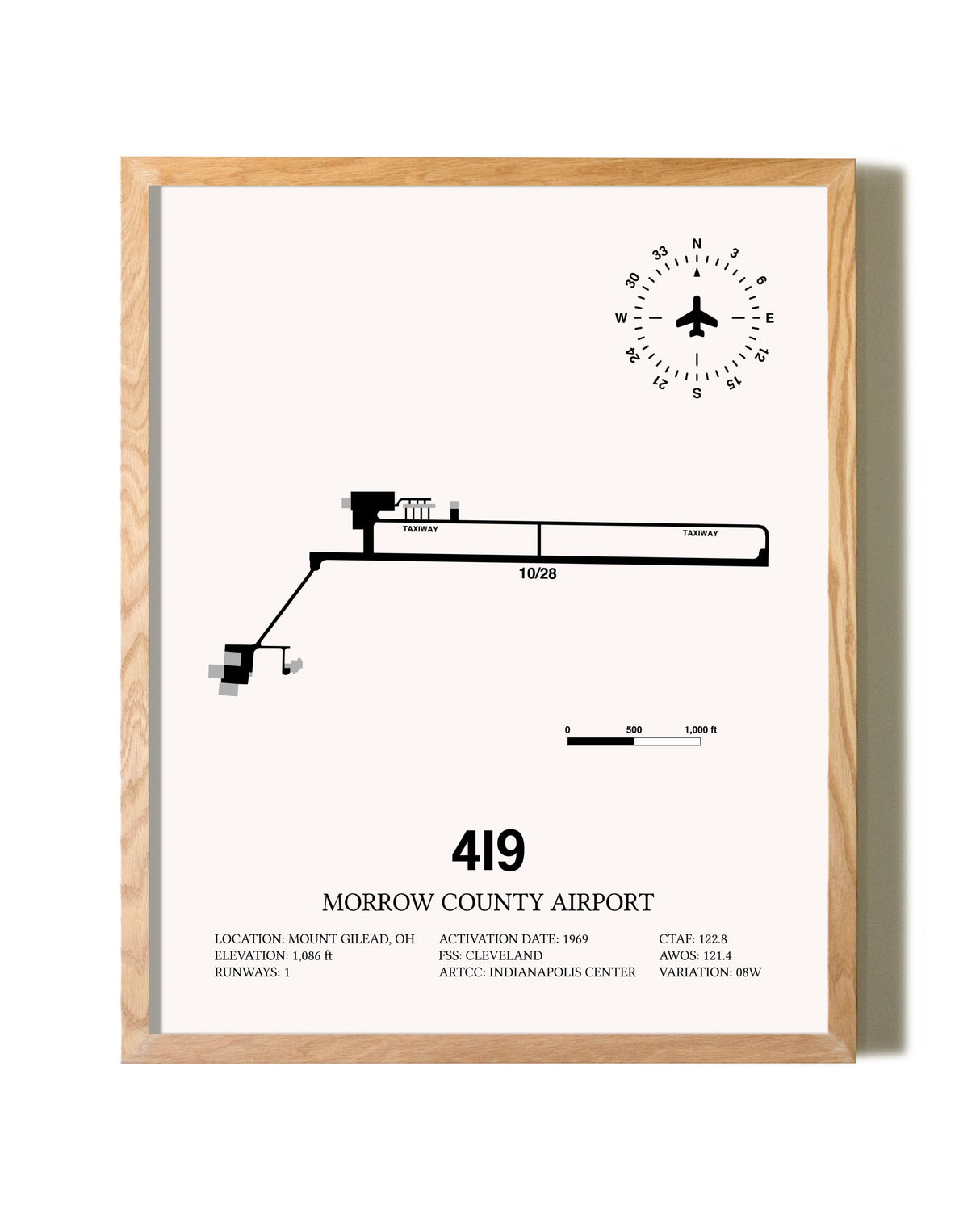 Morrow County Airport framed print in natural wood frame