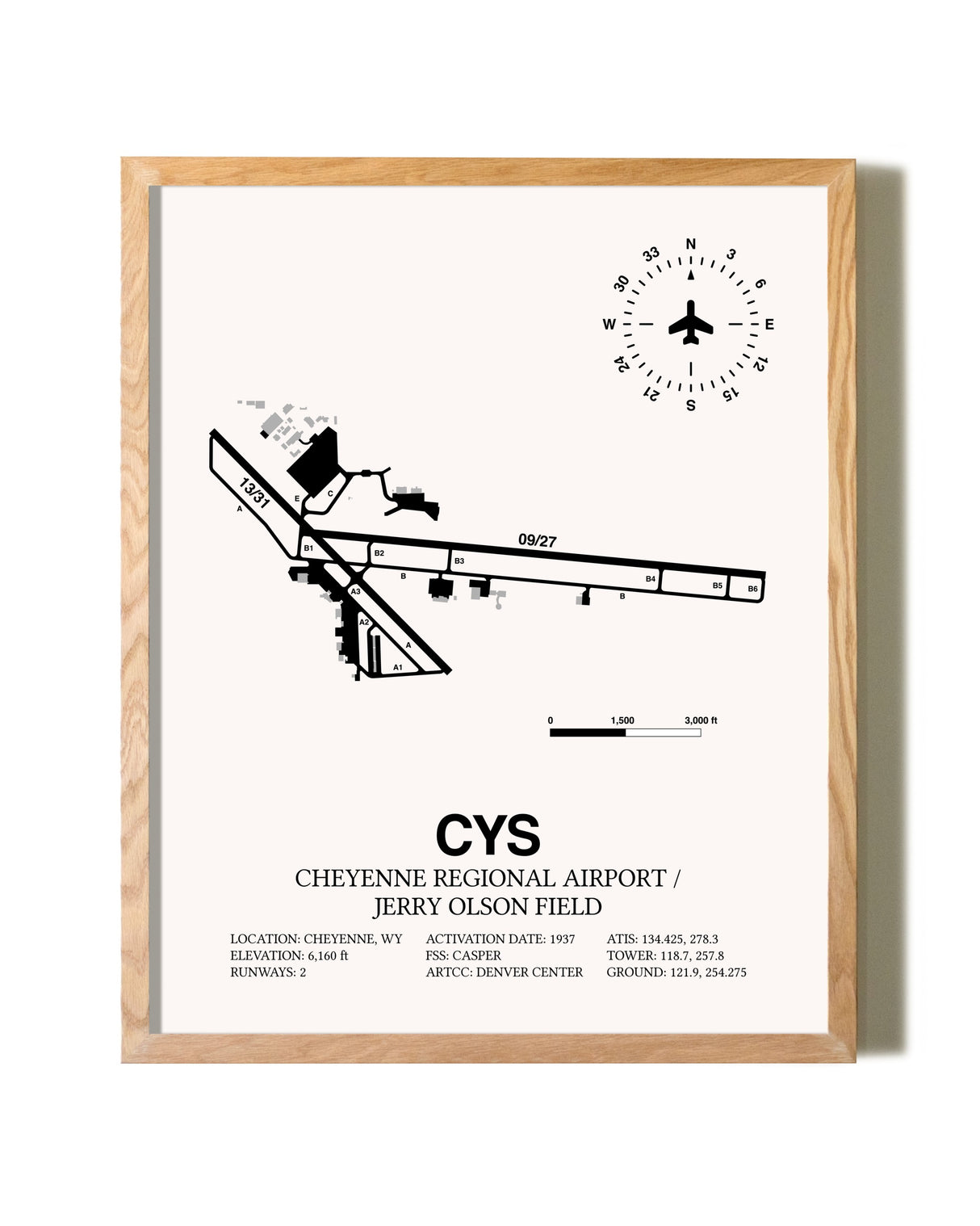 Cheyenne Regional Airport / Jerry Olson Field framed print in natural wood frame