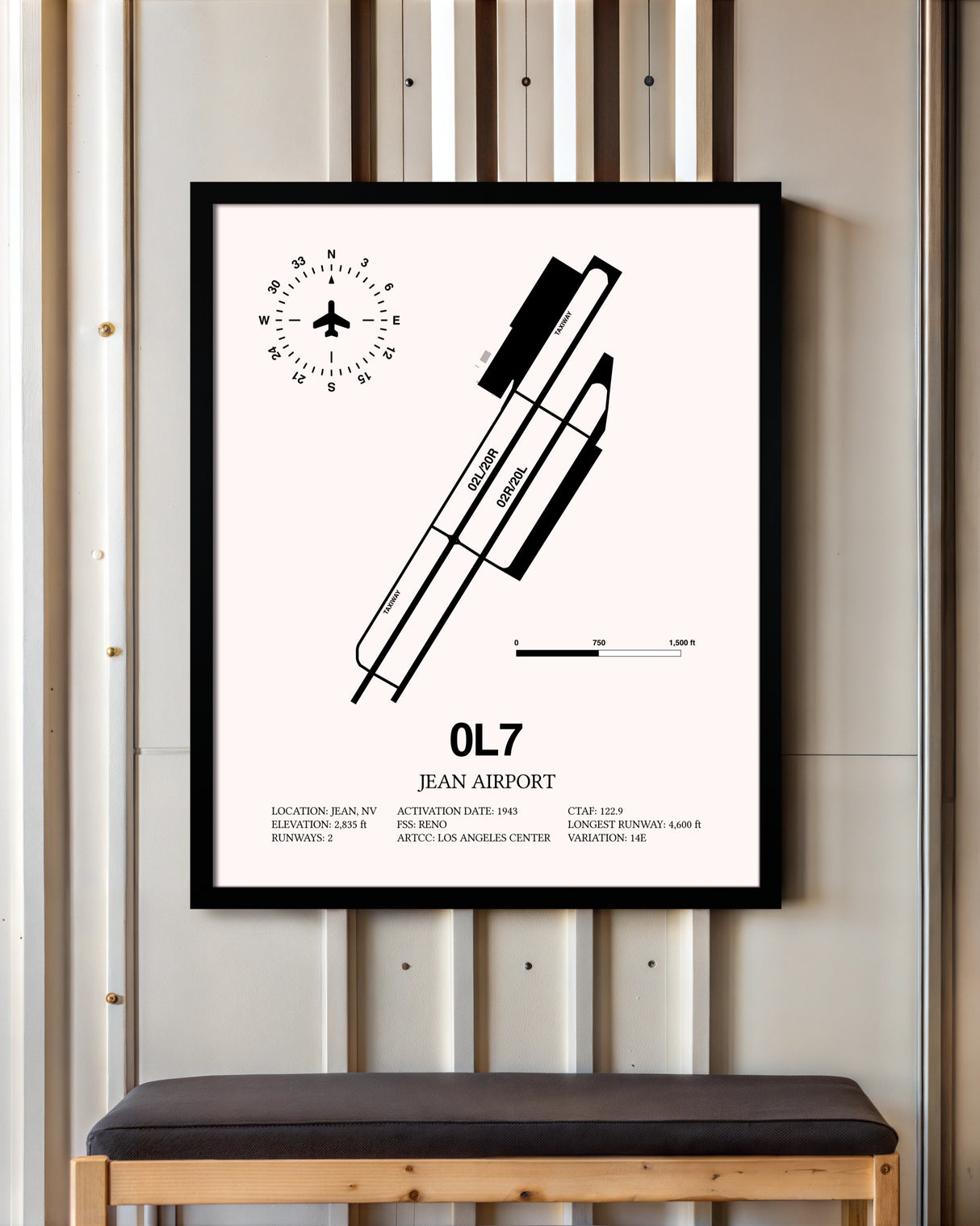 Jean Airport framed poster displayed in an airplane hangar
