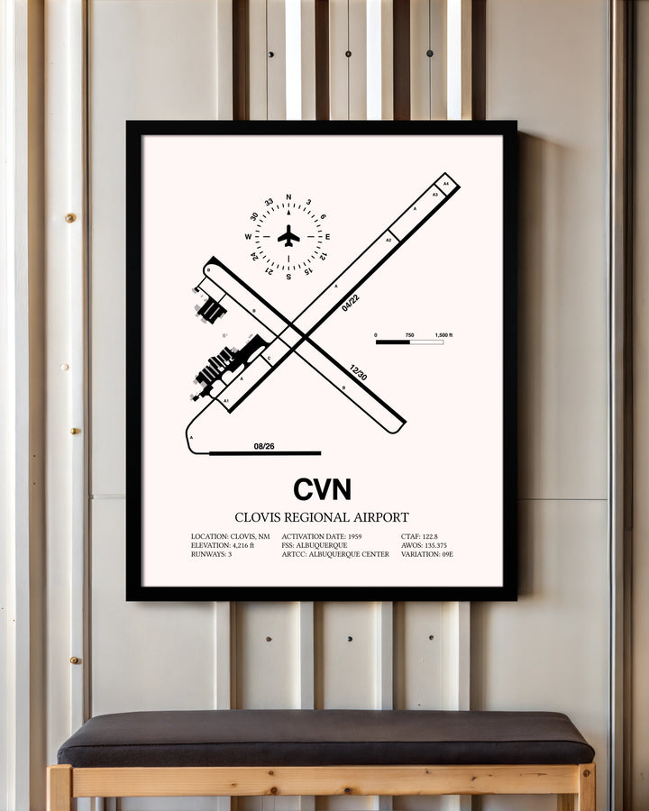 Clovis Regional Airport framed poster displayed in an airplane hangar