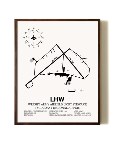 Wright Army Airfield (Fort Stewart) / Midcoast Regional Airport aviation print in walnut frame