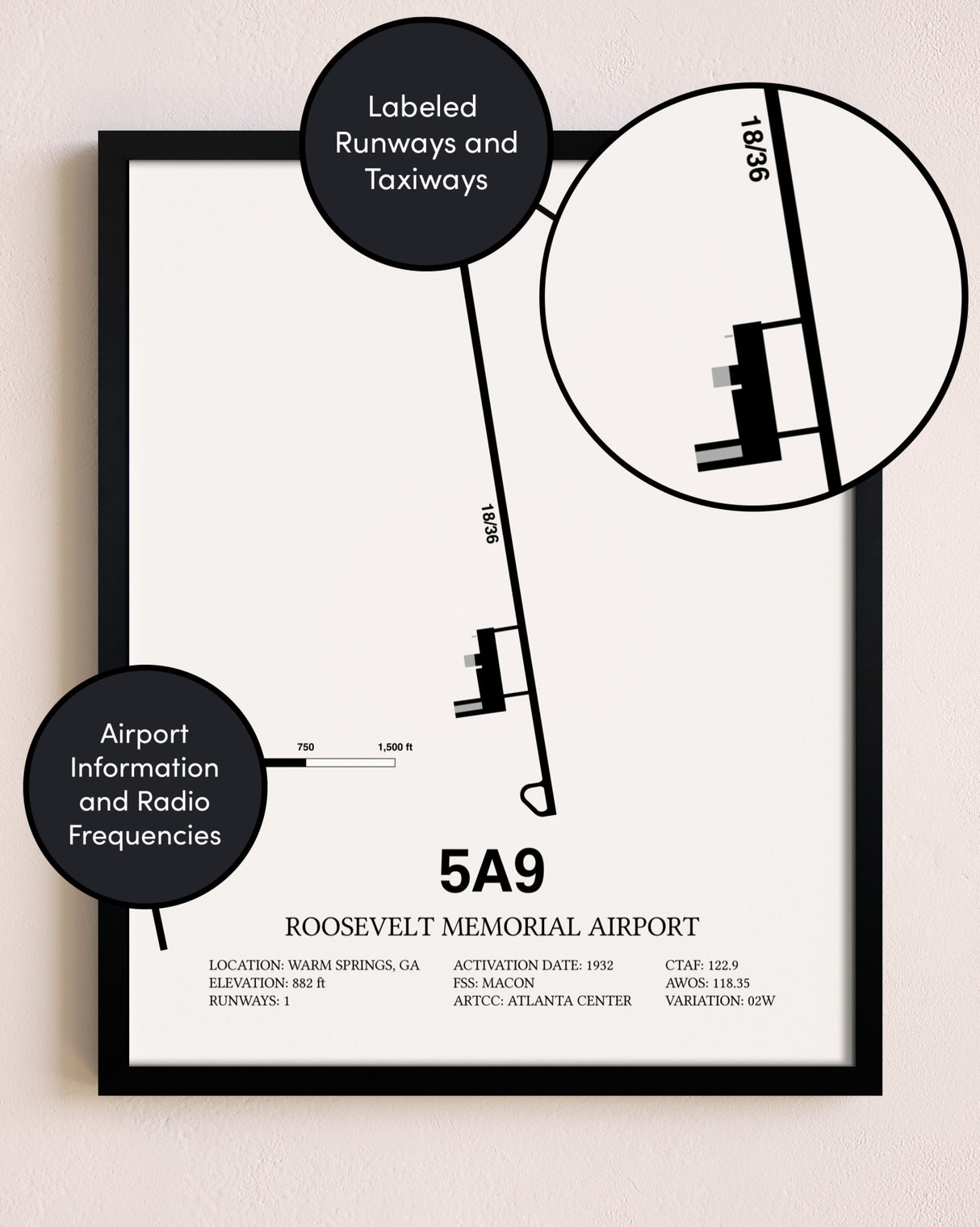 Framed Roosevelt Memorial Airport layout wall art poster