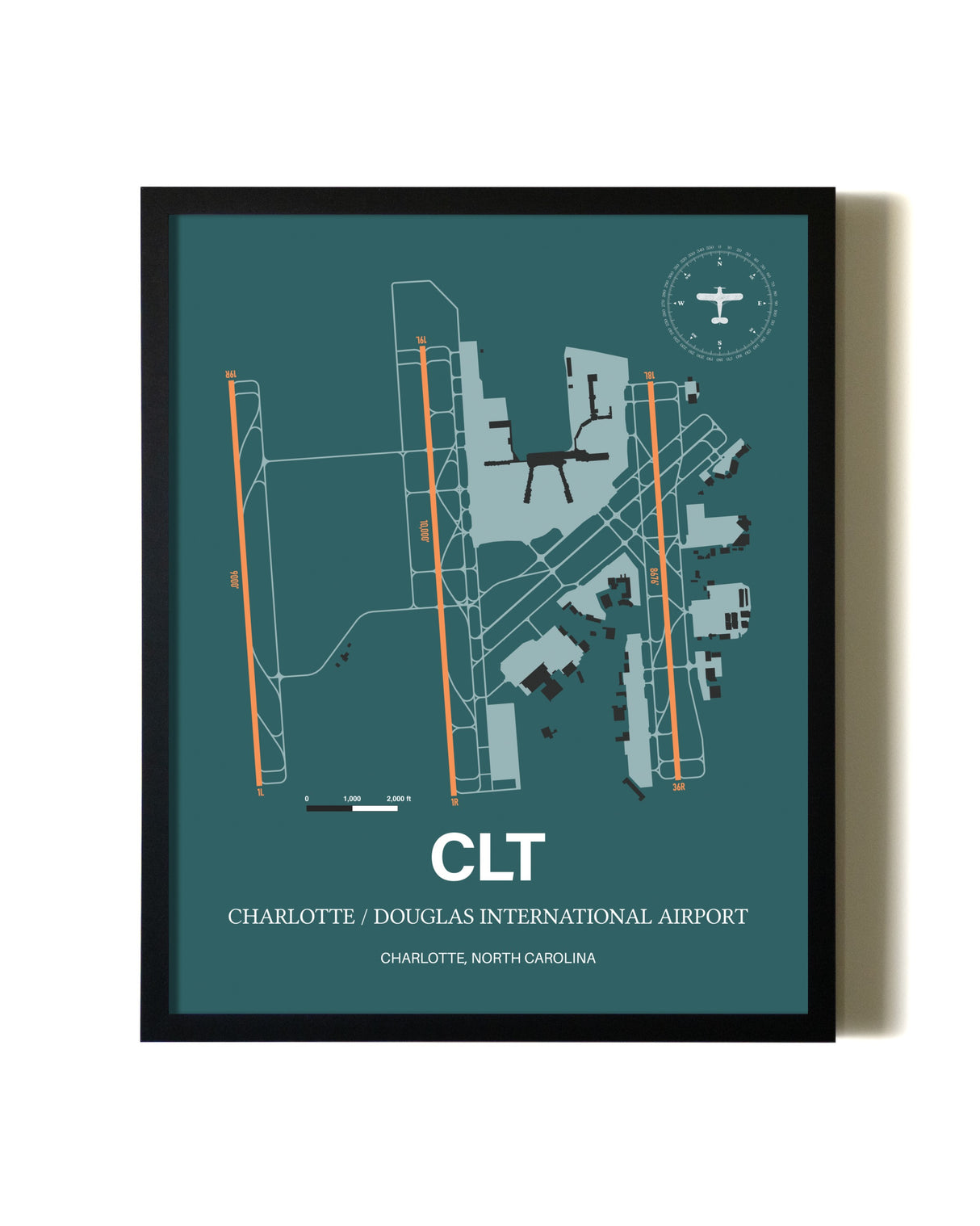 Green Charlotte / Douglas International Airport aviation wall décor in black wood frame