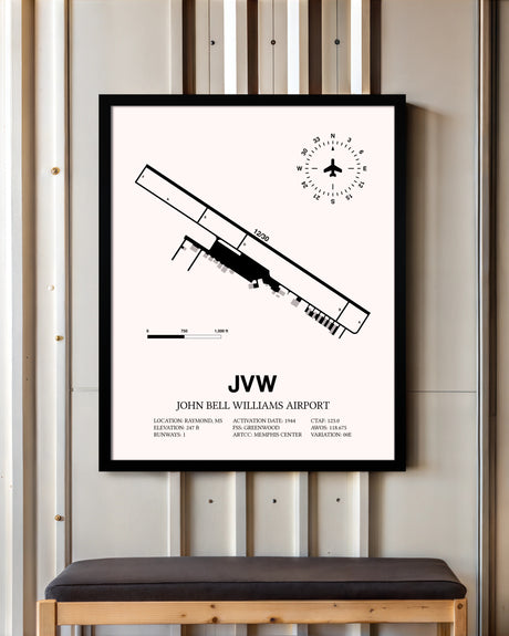 John Bell Williams Airport framed poster displayed in an airplane hangar