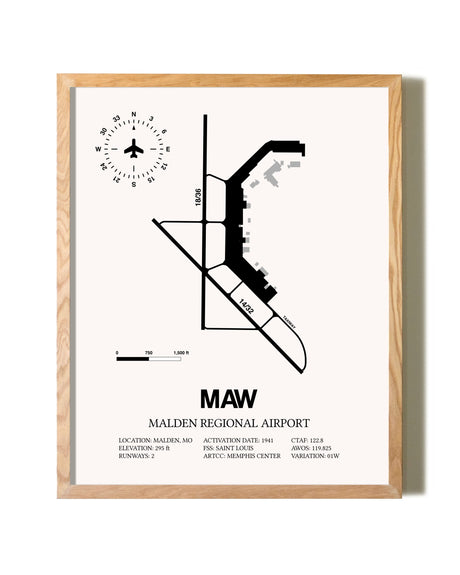 Malden Regional Airport framed print in natural wood frame