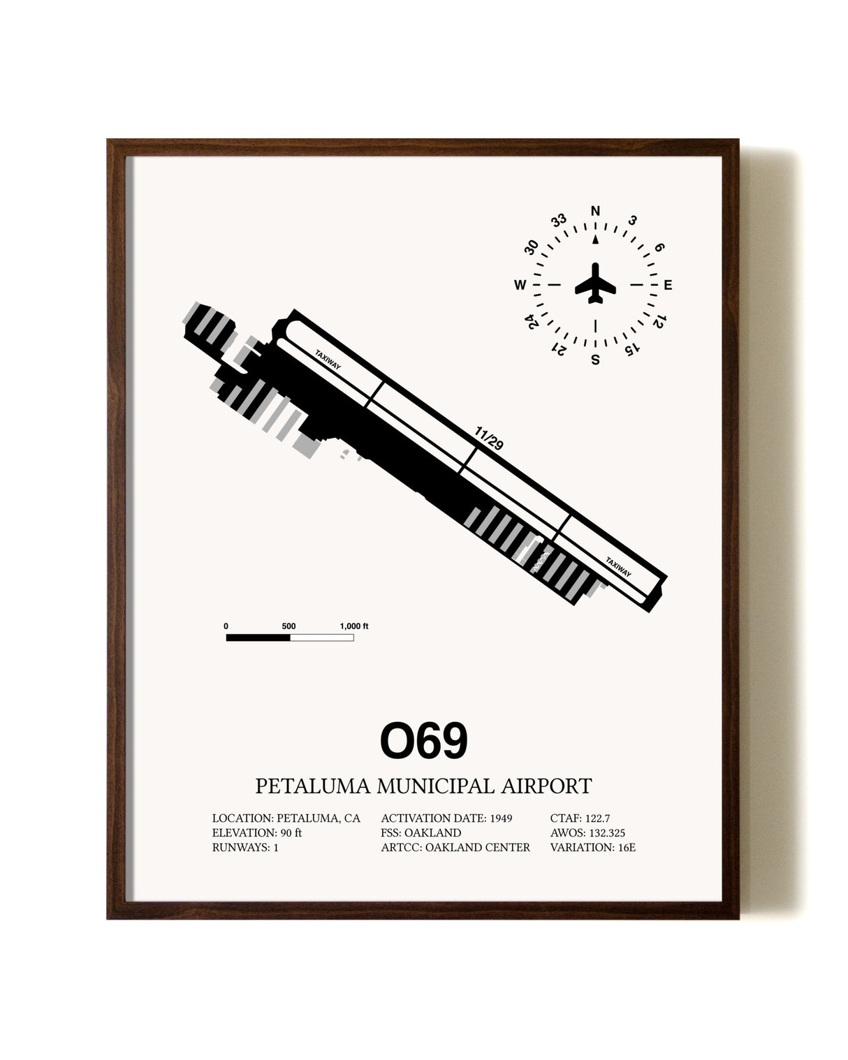 Petaluma Municipal Airport aviation print in walnut frame